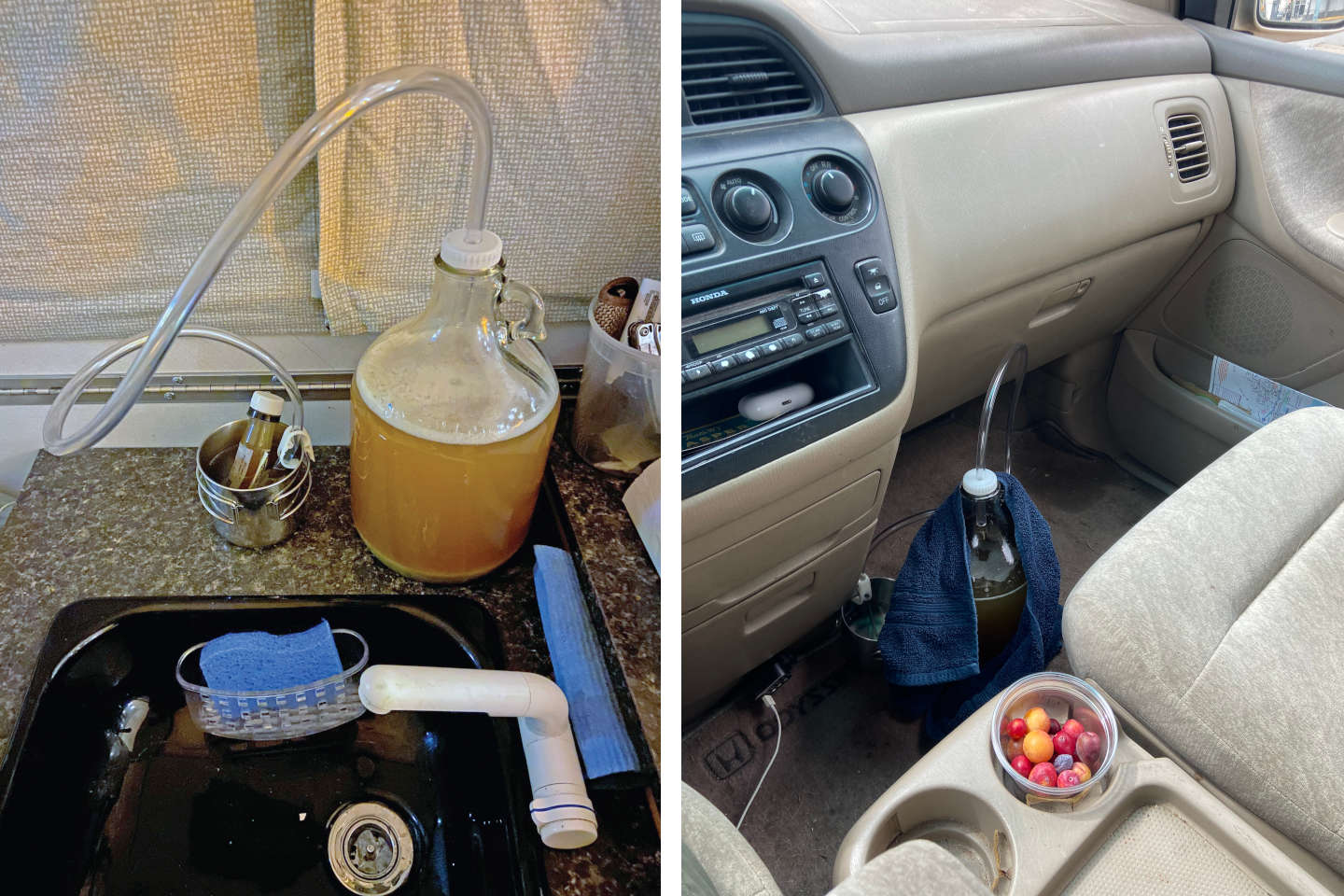 Homebrew fermenters in a camper and in a car, for mobile homebrewing setup.